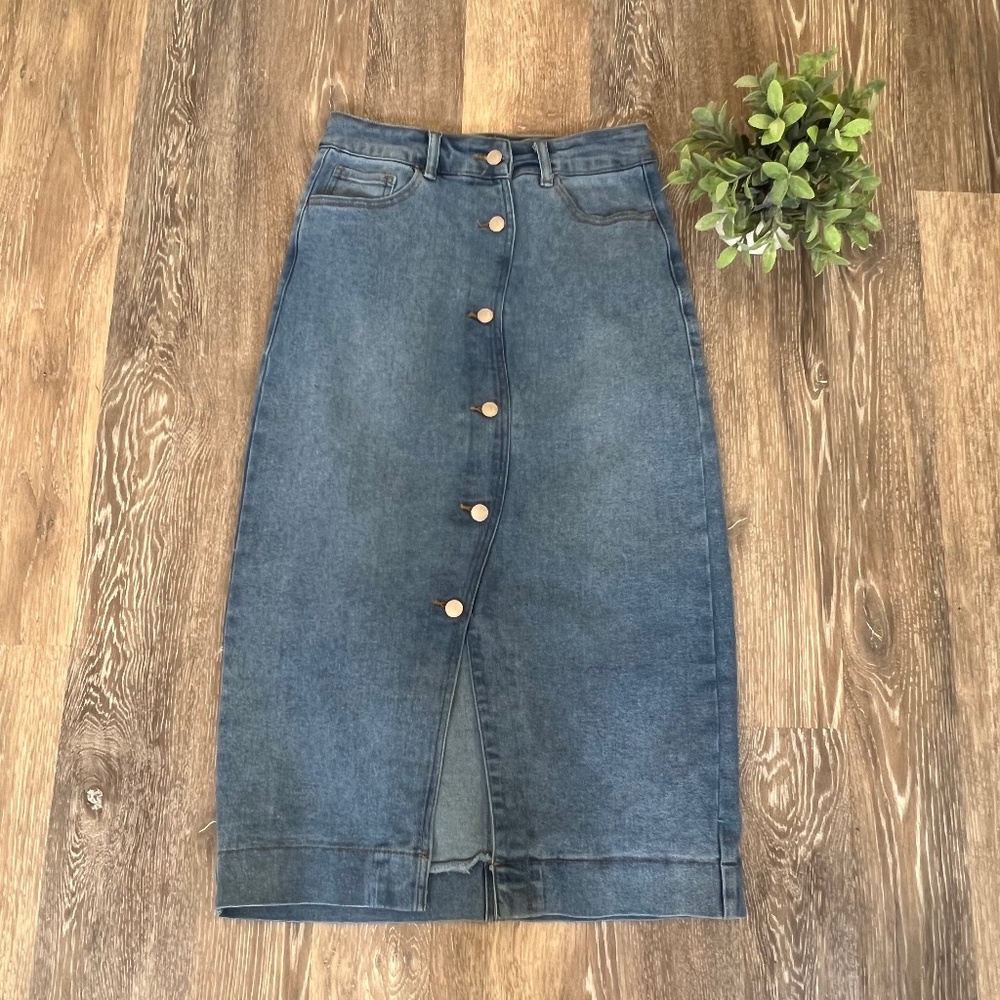 Denim Skirt Button Front Midi Size S